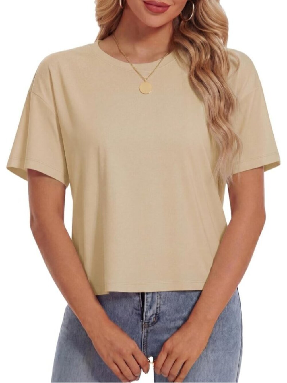 Women's Light Khaki Short Sleeve Round Neck Summer Casual Loose Cotton Crop Tops